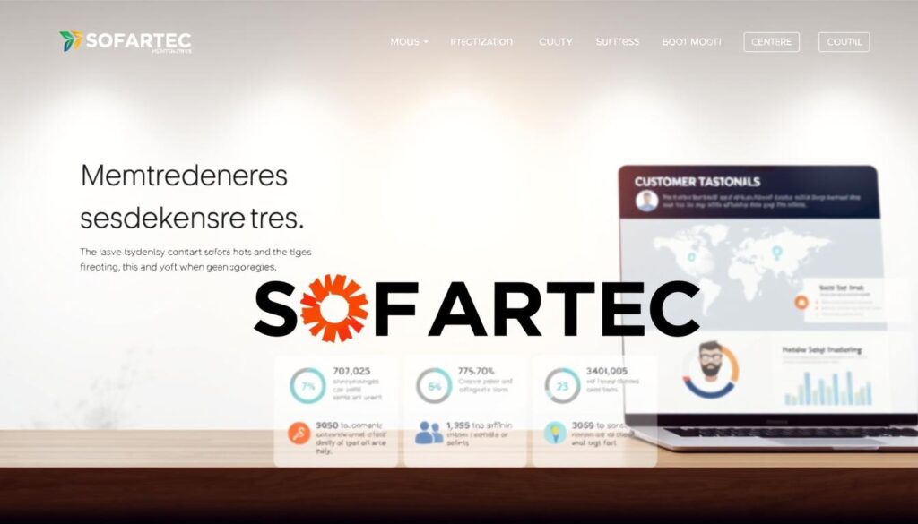 A modern corporate website showcasing strategic content that converts visitors into clients. In the foreground, a stylized illustration of the SOFTARTEC brand logo prominently displayed. In the middle ground, a series of dynamic infographics and data visualizations presenting key business metrics and customer testimonials. The background features a clean, minimalist design with a soft, natural lighting scheme, evoking a sense of professionalism and trustworthiness. The overall composition conveys a cohesive, visually appealing digital experience that effectively communicates the company's value proposition.
