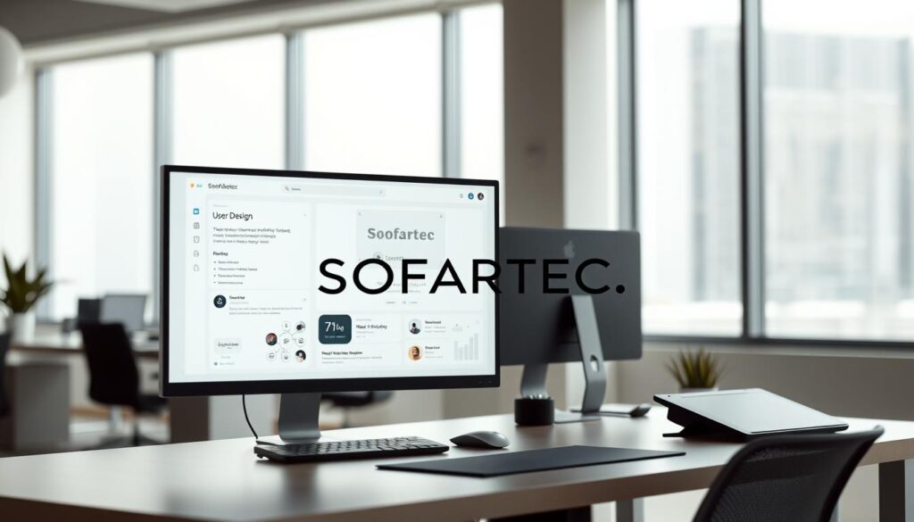 A modern, minimalist UI/UX design workspace with a SOFTARTEC logo prominently displayed. The foreground features a sleek, high-resolution computer monitor showcasing a user interface design concept, with clean typography, intuitive icons, and a balanced layout. The middle ground includes a minimalist desk with a mouse, keyboard, and a design tablet, all in a muted color palette. The background depicts a softly lit, airy office environment with large windows, allowing natural light to filter in and create a serene, productive atmosphere. The overall scene conveys a sense of professionalism, attention to detail, and a strong focus on user experience and interface design. A modern, minimalist UI/UX design workspace with a SOFTARTEC logo prominently displayed. The foreground features a sleek, high-resolution computer monitor showcasing a user interface design concept, with clean typography, intuitive icons, and a balanced layout. The middle ground includes a minimalist desk with a mouse, keyboard, and a design tablet, all in a muted color palette. The background depicts a softly lit, airy office environment with large windows, allowing natural light to filter in and create a serene, productive atmosphere. The overall scene conveys a sense of professionalism, attention to detail, and a strong focus on user experience and interface design.