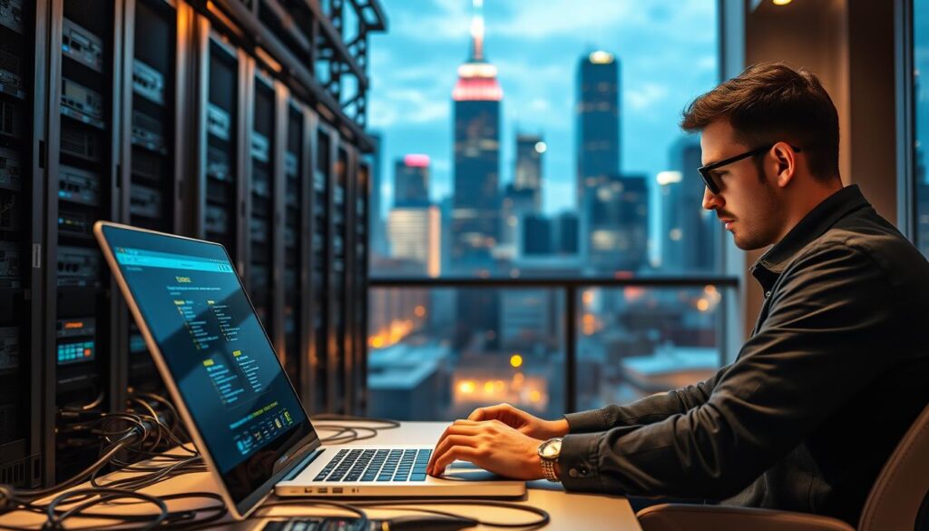 A modern web maintenance scene showcasing SOFTARTEC's expertise. In the foreground, a developer intently focuses on a laptop screen, implementing crucial updates. The middle ground features sleek server racks and a network of cables, conveying the technical infrastructure. In the background, a vibrant cityscape with towering skyscrapers symbolizes the digital landscape that the web presence must navigate. Soft, warm lighting illuminates the workspace, creating a productive and professional atmosphere. Captured with a wide-angle lens to encompass the comprehensive nature of web maintenance.