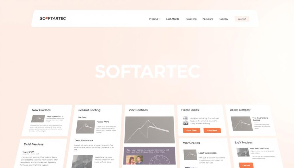 A professional web design featuring a clean, modern layout with a focus on usability and aesthetics. Set against a soft, muted background, the design showcases a minimalist yet striking hero section highlighting the SOFTARTEC brand name. The middle ground features various UI elements such as navigation menus, content blocks, and call-to-action buttons, all arranged in a visually appealing grid-like structure. The foreground includes subtle animations and hover effects, creating an engaging and interactive user experience. The overall lighting is soft and diffused, with a warm color palette that evokes a sense of professionalism and trustworthiness. The camera angle is slightly elevated, providing an inviting and approachable perspective.