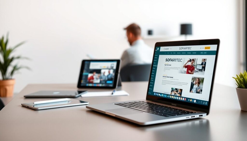 A professional web design for the SOFTARTEC brand, showcasing a clean, cohesive, and visually appealing layout. In the foreground, a modern laptop displays a well-structured website, with a harmonious color scheme, intuitive navigation, and high-quality imagery. The middle ground features a designer's workspace, including a tablet, stylus, and design software, hinting at the attention to detail and technical expertise behind the design. The background sets the scene with a minimalist office environment, emphasizing the professional nature of the web design process. Soft, directional lighting accentuates the sleek, contemporary aesthetic, creating an atmosphere of sophistication and expertise. A professional web design for the SOFTARTEC brand, showcasing a clean, cohesive, and visually appealing layout. In the foreground, a modern laptop displays a well-structured website, with a harmonious color scheme, intuitive navigation, and high-quality imagery. The middle ground features a designer's workspace, including a tablet, stylus, and design software, hinting at the attention to detail and technical expertise behind the design. The background sets the scene with a minimalist office environment, emphasizing the professional nature of the web design process. Soft, directional lighting accentuates the sleek, contemporary aesthetic, creating an atmosphere of sophistication and expertise.