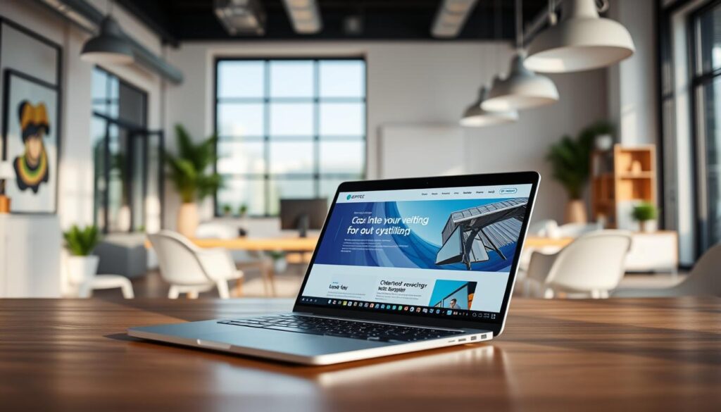 A professional web design showcasing the expertise of SOFTARTEC. In the foreground, a sleek laptop displays a visually stunning website, its crisp graphics and clean layout reflecting the client's brand identity. The middle ground features a thoughtfully curated color palette, harmonious typography, and subtle design elements that enhance the user experience. In the background, a modern office space with minimalist decor and abundant natural light creates a serene, productivity-enhancing atmosphere. The overall scene exudes a sense of professionalism, creativity, and technical prowess, perfectly encapsulating the essence of a top-tier web design service.