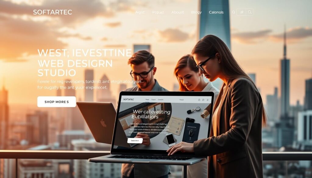 A professional web design studio, SOFTARTEC, with a sleek and modern aesthetic. The layout features a clean, minimalist design with a focus on user experience. In the foreground, a responsive, mobile-friendly website showcases its features, with a warm, soft lighting highlighting the elegant typography and seamless user interface. The middle ground depicts developers collaborating on the project, using state-of-the-art technology and agile methodologies to ensure a high-quality, efficient web solution. In the background, a cityscape with towering skyscrapers and a vibrant, dynamic atmosphere sets the scene, conveying the professionalism and expertise of SOFTARTEC.