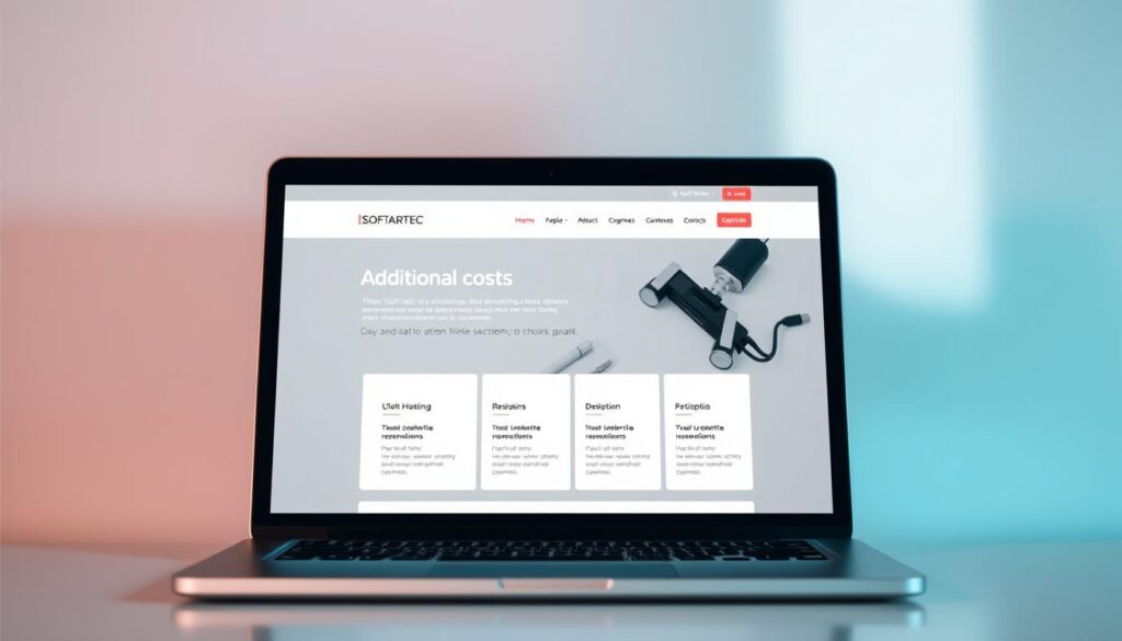 A professional website showcasing SOFTARTEC's sleek and modern design, displayed on a laptop against a minimalist backdrop. The screen features a detailed breakdown of additional costs, including hosting, domain registration, and maintenance fees, presented in a clean, infographic-style layout. Soft lighting illuminates the scene, creating a subtle, sophisticated atmosphere. The overall impression conveys the importance of considering these hidden expenses when budgeting for a professional web presence.