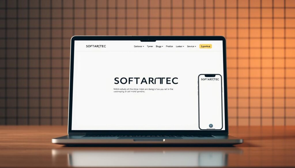 A responsive web design showcasing the SOFTARTEC brand. A sleek, minimalist laptop displays a clean, mobile-friendly interface, with crisp typography and intuitive navigation. The screen reflects a warm, diffused lighting, creating a soft, inviting atmosphere. In the background, a subtle grid pattern symbolizes the adaptability and responsiveness of the design. The overall composition conveys a sense of modern, user-centric web development, highlighting the benefits of a mobile-optimized experience.