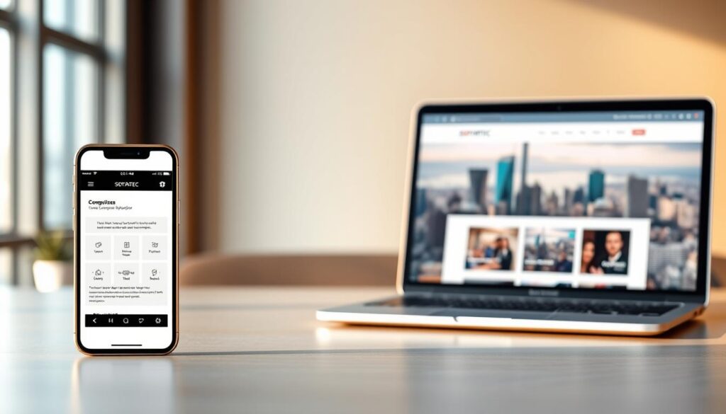 A sleek, modern website mockup showcasing the benefits of mobile-responsive design. In the foreground, a SOFTARTEC-branded smartphone displays a clean, minimalist UI with intuitive navigation. The middle ground features a laptop displaying a seamless desktop version of the website, highlighting its adaptability across devices. The background showcases a vibrant cityscape, conveying the commercial viability of a well-designed, mobile-optimized web presence. Warm, natural lighting illuminates the scene, evoking a sense of professionalism and approachability. Rendered with a subtle depth of field, the image emphasizes the harmonious integration of form and function in UX/UI design.