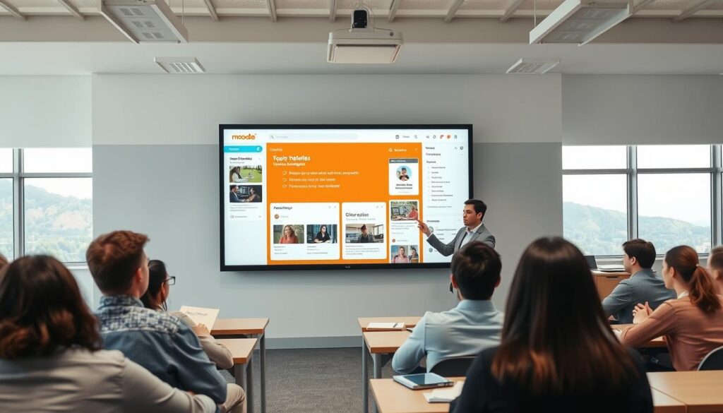 A classroom scene with a teacher demonstrating various teaching strategies on a Moodle platform projected on a large screen. The foreground features the teacher, dressed professionally, interacting with students seated at desks. The middle ground showcases the Moodle interface, displaying course materials, discussion forums, and assessment tools. The background depicts a modern, well-lit educational setting with floor-to-ceiling windows overlooking a scenic landscape. The overall mood is one of engaged learning, with the teacher guiding students through effective online teaching techniques using the Moodle platform. A classroom scene with a teacher demonstrating various teaching strategies on a Moodle platform projected on a large screen. The foreground features the teacher, dressed professionally, interacting with students seated at desks. The middle ground showcases the Moodle interface, displaying course materials, discussion forums, and assessment tools. The background depicts a modern, well-lit educational setting with floor-to-ceiling windows overlooking a scenic landscape. The overall mood is one of engaged learning, with the teacher guiding students through effective online teaching techniques using the Moodle platform.