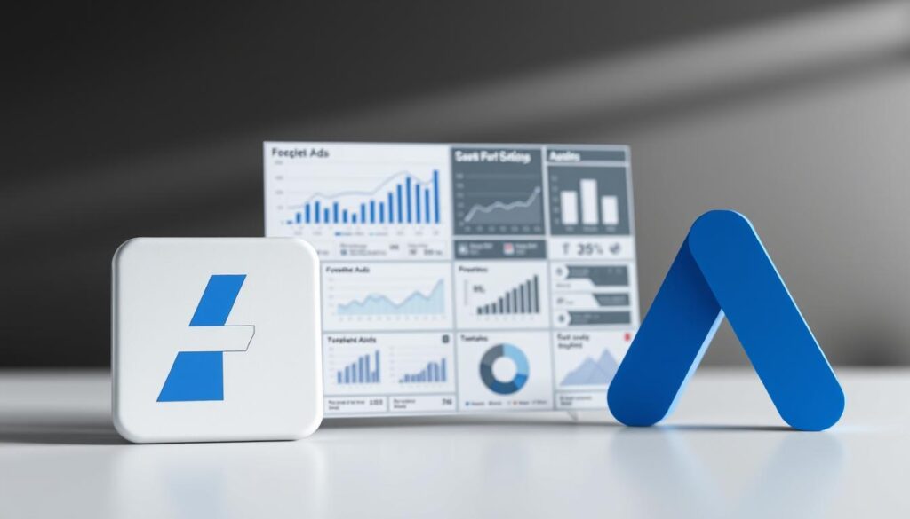 A comparison of two digital advertising platforms, Facebook Ads and Google Ads, showcased in a minimalist, data-driven visual. In the foreground, clean icons representing the two services, their distinctive branding clearly visible. In the middle ground, a grid of analytical charts, graphs, and statistical data, highlighting key performance metrics and insights. The background features a subtly blurred, monochromatic gradient, creating a sense of depth and focus. Soft, directional lighting casts gentle shadows, emphasizing the sleek, modern aesthetic. The overall composition conveys a balanced, professional tone, ideal for illustrating the fundamental differences between these two powerful advertising ecosystems. A comparison of two digital advertising platforms, Facebook Ads and Google Ads, showcased in a minimalist, data-driven visual. In the foreground, clean icons representing the two services, their distinctive branding clearly visible. In the middle ground, a grid of analytical charts, graphs, and statistical data, highlighting key performance metrics and insights. The background features a subtly blurred, monochromatic gradient, creating a sense of depth and focus. Soft, directional lighting casts gentle shadows, emphasizing the sleek, modern aesthetic. The overall composition conveys a balanced, professional tone, ideal for illustrating the fundamental differences between these two powerful advertising ecosystems.