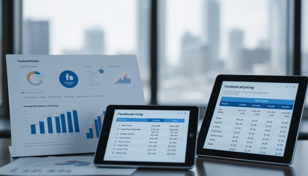 A detailed financial report presenting various cost models for Facebook advertising in a modern, minimalist style. The foreground shows a clean, well-organized dashboard with charts, graphs, and data visualizations. The middle ground features a tablet or laptop displaying relevant Facebook ad pricing information. The background has a subtle, blurred cityscape or office environment to set the professional, corporate context. The overall mood is one of analytical clarity and strategic planning, with a cool, muted color palette and balanced, geometric composition. A detailed financial report presenting various cost models for Facebook advertising in a modern, minimalist style. The foreground shows a clean, well-organized dashboard with charts, graphs, and data visualizations. The middle ground features a tablet or laptop displaying relevant Facebook ad pricing information. The background has a subtle, blurred cityscape or office environment to set the professional, corporate context. The overall mood is one of analytical clarity and strategic planning, with a cool, muted color palette and balanced, geometric composition.