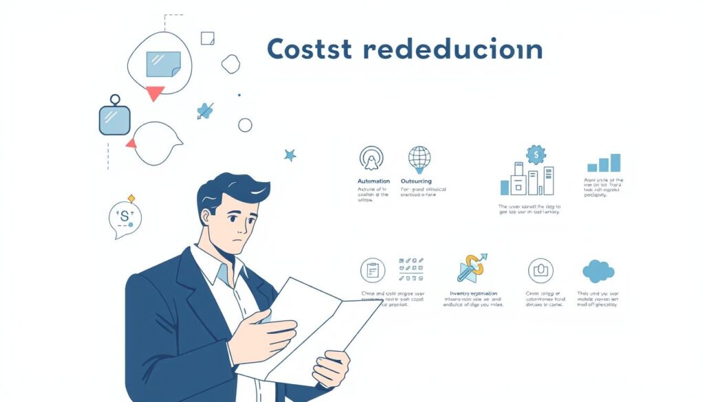 A high-resolution, digital illustration depicting various strategies for cost reduction. The foreground features a thoughtful businessperson examining a spreadsheet, surrounded by abstract geometric shapes and icons representing different cost-saving approaches, such as automation, outsourcing, and inventory optimization. The middle ground showcases infographic-style visualizations of these strategies, with clear, minimal text. The background provides a clean, minimalist setting with a subtle gradient, allowing the key elements to stand out. The overall composition conveys a sense of analytical focus, efficiency, and strategic planning, with a color palette of muted blues, grays, and whites to maintain a professional, corporate aesthetic. A high-resolution, digital illustration depicting various strategies for cost reduction. The foreground features a thoughtful businessperson examining a spreadsheet, surrounded by abstract geometric shapes and icons representing different cost-saving approaches, such as automation, outsourcing, and inventory optimization. The middle ground showcases infographic-style visualizations of these strategies, with clear, minimal text. The background provides a clean, minimalist setting with a subtle gradient, allowing the key elements to stand out. The overall composition conveys a sense of analytical focus, efficiency, and strategic planning, with a color palette of muted blues, grays, and whites to maintain a professional, corporate aesthetic.