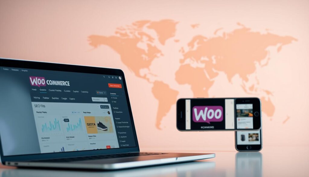 A modern, clean e-commerce website with a focus on WooCommerce SEO optimization. In the foreground, a laptop displays a WooCommerce store dashboard, showcasing analytics and optimization tools. In the middle ground, a smartphone highlights mobile-friendly product pages and responsive design. The background features a stylized world map, symbolizing global reach and international SEO considerations. Warm, muted tones create a professional, trustworthy atmosphere. Soft, directional lighting emphasizes the digital devices and accentuates the clean, minimalist aesthetic. A modern, clean e-commerce website with a focus on WooCommerce SEO optimization. In the foreground, a laptop displays a WooCommerce store dashboard, showcasing analytics and optimization tools. In the middle ground, a smartphone highlights mobile-friendly product pages and responsive design. The background features a stylized world map, symbolizing global reach and international SEO considerations. Warm, muted tones create a professional, trustworthy atmosphere. Soft, directional lighting emphasizes the digital devices and accentuates the clean, minimalist aesthetic.
