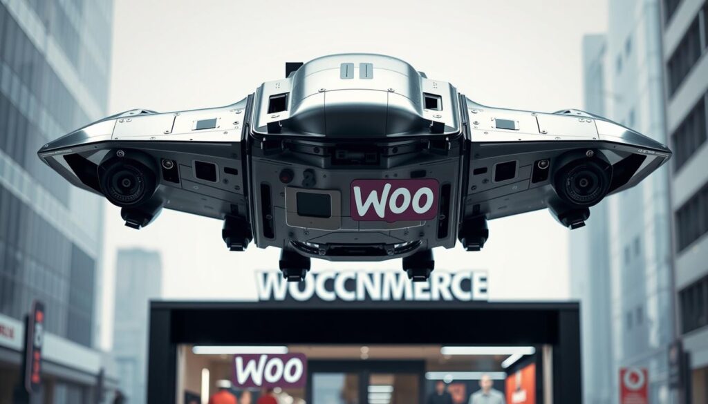 A sleek, futuristic jetpack hovers above a stylized WooCommerce storefront. The pack's metallic housing gleams under crisp studio lighting, with an array of advanced sensors and thrusters visible. In the background, a soft-focus cityscape hints at the pack's urban environment. The overall scene conveys a sense of power, efficiency, and technological sophistication - perfectly suited to enhance the security and performance of a WooCommerce business. A sleek, futuristic jetpack hovers above a stylized WooCommerce storefront. The pack's metallic housing gleams under crisp studio lighting, with an array of advanced sensors and thrusters visible. In the background, a soft-focus cityscape hints at the pack's urban environment. The overall scene conveys a sense of power, efficiency, and technological sophistication - perfectly suited to enhance the security and performance of a WooCommerce business.