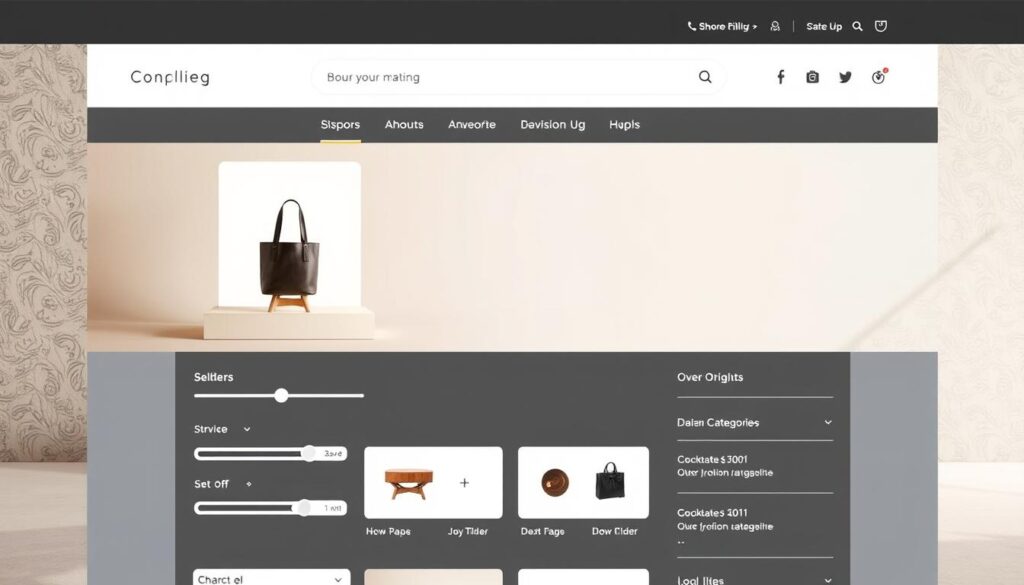 A sleek, modern ecommerce website with a clean, minimalist design. The homepage features a large, high-quality product image prominently displayed, showcasing the item in a soft, natural lighting that accentuates its details and textures. In the foreground, customizable product options and an intuitive user interface allow the customer to personalize their purchase, with sliders, dropdowns, and interactive elements that respond seamlessly. The middle ground depicts the website's navigational menu, with clear, straightforward categories and a search bar that invites exploration. In the background, a muted, neutral color palette and subtle patterns create a sophisticated, elevated ambiance, reflecting the brand's attention to detail and commitment to a premium customer experience.