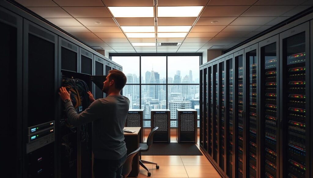 A spacious computer server room with sleek modern architecture. In the foreground, a technician carefully installing a Moodle web application on a server rack, cables and equipment neatly organized. Bright, diffused overhead lighting casts a warm glow, highlighting the intricate details of the installation process. The middle ground features rows of servers humming quietly, their status lights blinking. In the background, large windows offer a panoramic view of a bustling urban skyline. The atmosphere conveys a sense of efficiency, focus, and technological prowess as the Moodle platform is meticulously set up. A spacious computer server room with sleek modern architecture. In the foreground, a technician carefully installing a Moodle web application on a server rack, cables and equipment neatly organized. Bright, diffused overhead lighting casts a warm glow, highlighting the intricate details of the installation process. The middle ground features rows of servers humming quietly, their status lights blinking. In the background, large windows offer a panoramic view of a bustling urban skyline. The atmosphere conveys a sense of efficiency, focus, and technological prowess as the Moodle platform is meticulously set up.