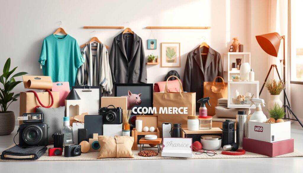 A vibrant, high-quality image showcasing a variety of WooCommerce products. Arrange the items on a clean, well-lit studio set with natural daylight filtering in from the side. Include a diverse selection of products such as clothing, electronics, home decor, and more, each presented with a sleek, professional look. The products should be the clear focal point, positioned artfully to create an inviting and visually appealing composition. Employ a shallow depth of field to subtly blur the background, drawing the viewer's attention to the carefully curated merchandise. Convey a sense of modern sophistication and e-commerce potential through the overall styling and presentation. A vibrant, high-quality image showcasing a variety of WooCommerce products. Arrange the items on a clean, well-lit studio set with natural daylight filtering in from the side. Include a diverse selection of products such as clothing, electronics, home decor, and more, each presented with a sleek, professional look. The products should be the clear focal point, positioned artfully to create an inviting and visually appealing composition. Employ a shallow depth of field to subtly blur the background, drawing the viewer's attention to the carefully curated merchandise. Convey a sense of modern sophistication and e-commerce potential through the overall styling and presentation.