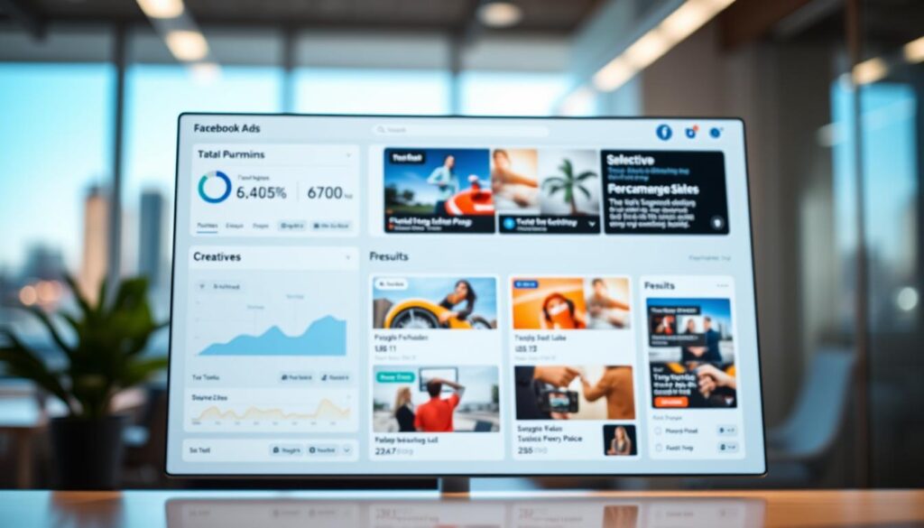 A vibrant, well-designed Facebook Ads dashboard with a clear, organized layout. In the foreground, a modern, minimalist interface showcasing key campaign metrics and performance data. In the middle ground, a series of crisp, high-quality visuals and creatives tailored for Facebook Ads, including product images, lifestyle shots, and compelling graphics. In the background, a soft, blurred cityscape or office environment, conveying a sense of professionalism and digital expertise. The lighting is bright and directional, creating depth and emphasizing the dashboard's key elements. The overall mood is one of efficiency, clarity, and digital marketing prowess. A vibrant, well-designed Facebook Ads dashboard with a clear, organized layout. In the foreground, a modern, minimalist interface showcasing key campaign metrics and performance data. In the middle ground, a series of crisp, high-quality visuals and creatives tailored for Facebook Ads, including product images, lifestyle shots, and compelling graphics. In the background, a soft, blurred cityscape or office environment, conveying a sense of professionalism and digital expertise. The lighting is bright and directional, creating depth and emphasizing the dashboard's key elements. The overall mood is one of efficiency, clarity, and digital marketing prowess.