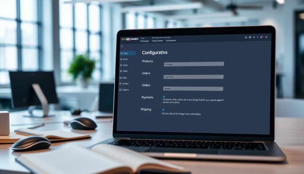 A well-organized WooCommerce configuration interface with clean typography, intuitive navigation, and a professional color palette of blues, grays, and whites. The foreground features a laptop screen displaying the WooCommerce settings panel, with options for products, orders, payments, and shipping clearly laid out. The middle ground shows a developer's desk with a mouse, keyboard, and a notebook open, suggesting an active process of customization and optimization. The background depicts a modern, minimalist office environment with large windows letting in natural light, conveying a sense of productivity and focus. The overall mood is one of efficiency, control, and attention to detail - key elements for successfully setting up a WooCommerce-powered online store.
