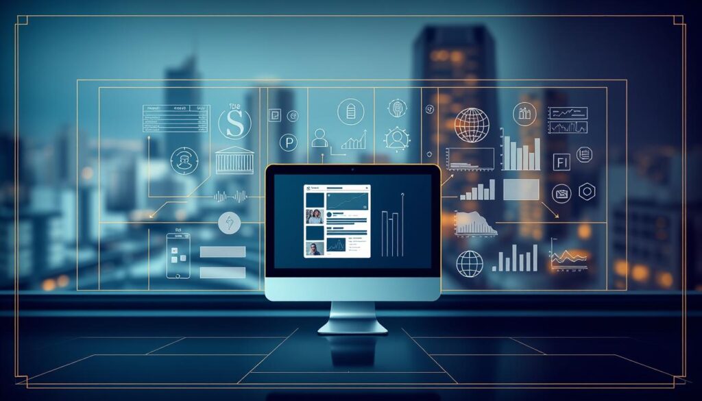 Sophisticated advertisement strategy blueprint, meticulously designed for the Ecuadorian market. A crisp, clean-lined visual framework with an elegant color palette of deep blues, muted grays, and accents of gold. Sleek geometric patterns and dynamic shapes convey a sense of precision and professionalism. In the foreground, a central focal point showcases a computer screen displaying a social media platform, hinting at the digital nature of the advertising campaign. The middle ground features thoughtfully arranged icons, graphs, and charts, representing the data-driven, analytical approach. The background depicts a blurred cityscape, evoking the urban business landscape of Ecuador. Soft, directional lighting casts subtle shadows, adding depth and a sense of sophistication. An overall mood of calculated strategy, technical expertise, and modern digital marketing. Sophisticated advertisement strategy blueprint, meticulously designed for the Ecuadorian market. A crisp, clean-lined visual framework with an elegant color palette of deep blues, muted grays, and accents of gold. Sleek geometric patterns and dynamic shapes convey a sense of precision and professionalism. In the foreground, a central focal point showcases a computer screen displaying a social media platform, hinting at the digital nature of the advertising campaign. The middle ground features thoughtfully arranged icons, graphs, and charts, representing the data-driven, analytical approach. The background depicts a blurred cityscape, evoking the urban business landscape of Ecuador. Soft, directional lighting casts subtle shadows, adding depth and a sense of sophistication. An overall mood of calculated strategy, technical expertise, and modern digital marketing.